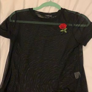 Black mesh shirt sleeve top with embroidered rose